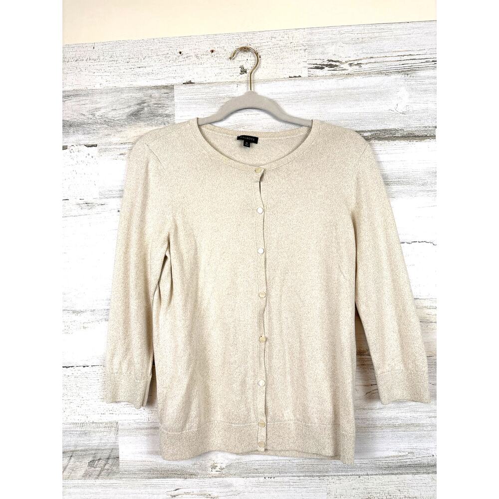 Talbots Womens M Gold Shimmer 3/4 Sleeve Lightweight Button Up Cardigan Sweater